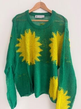 Savage X Fenty Green Sheer Crewneck Sweater with Yellow Starburst Motifs